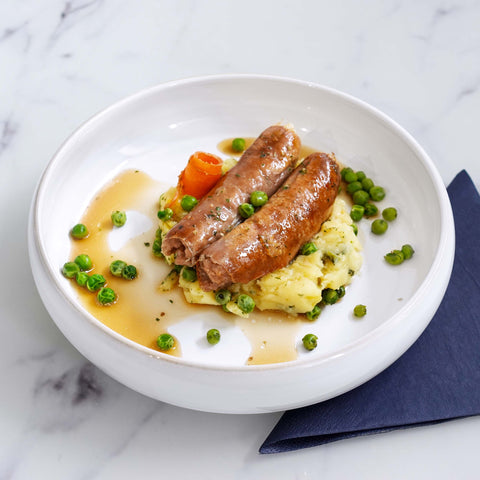 Chicken Bangers Mash & Peas