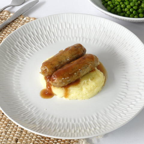 Chicken Bangers Mash & Peas