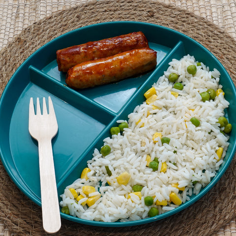 Sticky Sausage with Vegetable Rice (v)